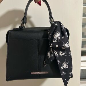 Steve Madden Black Structured Handbag with Floral Scarf Accent